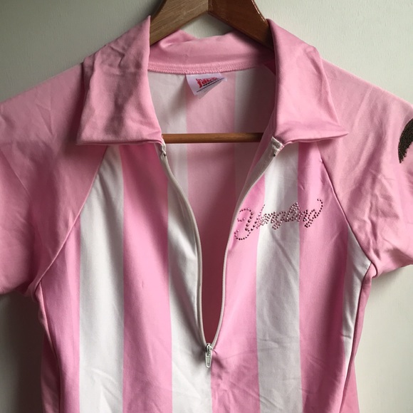 In Your Face Pink Striped 1/2 Zip Polo Bowling Top - Picture 6 of 10